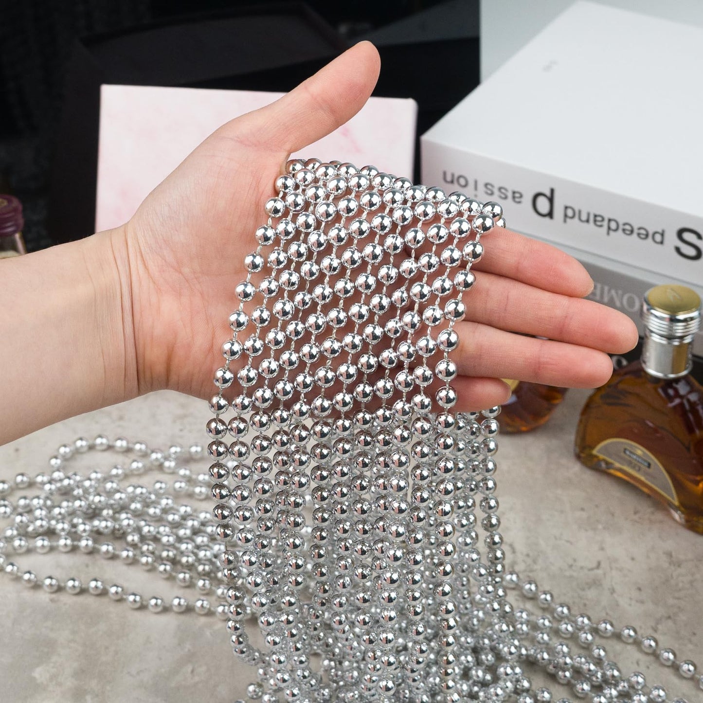ZZYFGH 33'' 7mm Metallic Silver Bead Necklace Bulk, Mardi Gras Round Beaded Necklaces for Party Favors Costume Necklace (12 Pcs)