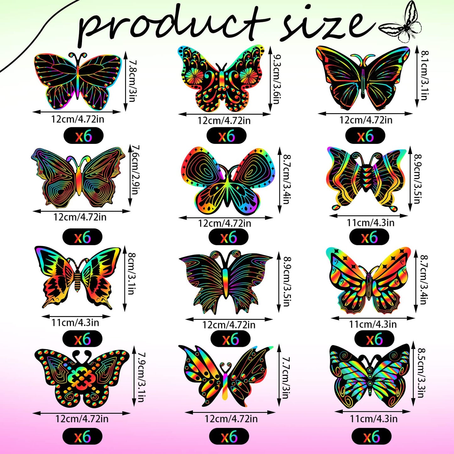 Deekin Butterfly Scratch Cards Art Kit - 72 Pcs Rainbow Craft Set with 36 Bamboo Stylus, 18x25x1.5 cm, Multicolored for DIY Crafts