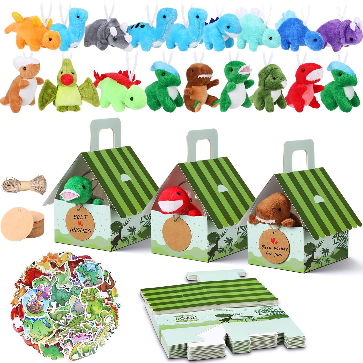 Spakon 100 Pcs Dinosaur Party Favors for Boys and Girls Includes 24 Sets Mini Dinosaur Stuffed Animals Plush Keychains Gift Box 