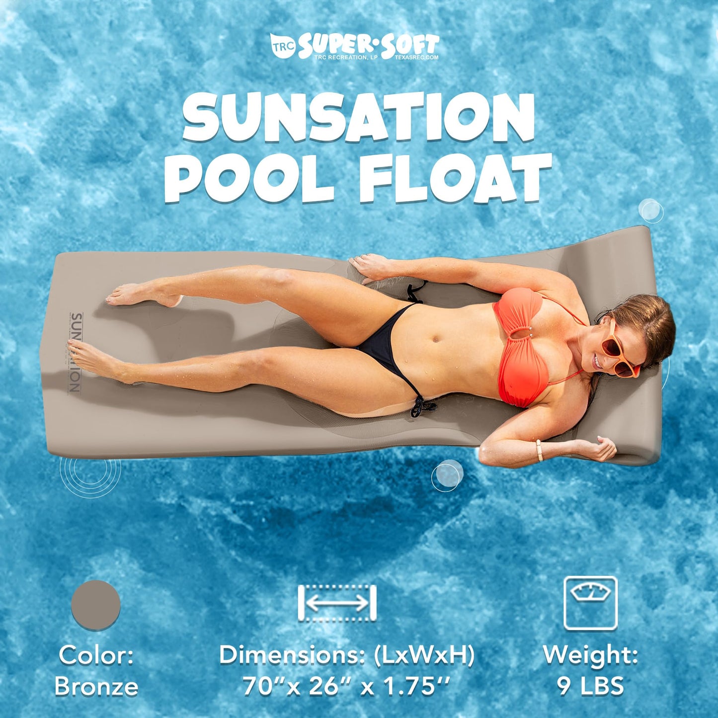 TRC Recreation Foam Lounger Pool Float, 1.75" Thick, Vinyl, Bronze, Model 8020018-PB