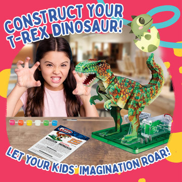Playz Electric T Rex Dinosaur Toys For Kids - Diy Dino Construction & Painting Kit - Stem Learning Toys For Kids Age 8-12, Boys & Girls With Realistic Features, Waterproof Paint, 4D Dino Figures