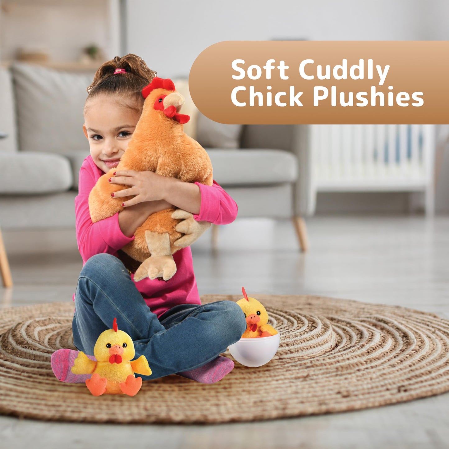 PREXTEX Plush Hen Toy with Two Plastic Easter Eggs & Baby Chicks - 17" Brown Plush for Kids 3-5 Years Old
