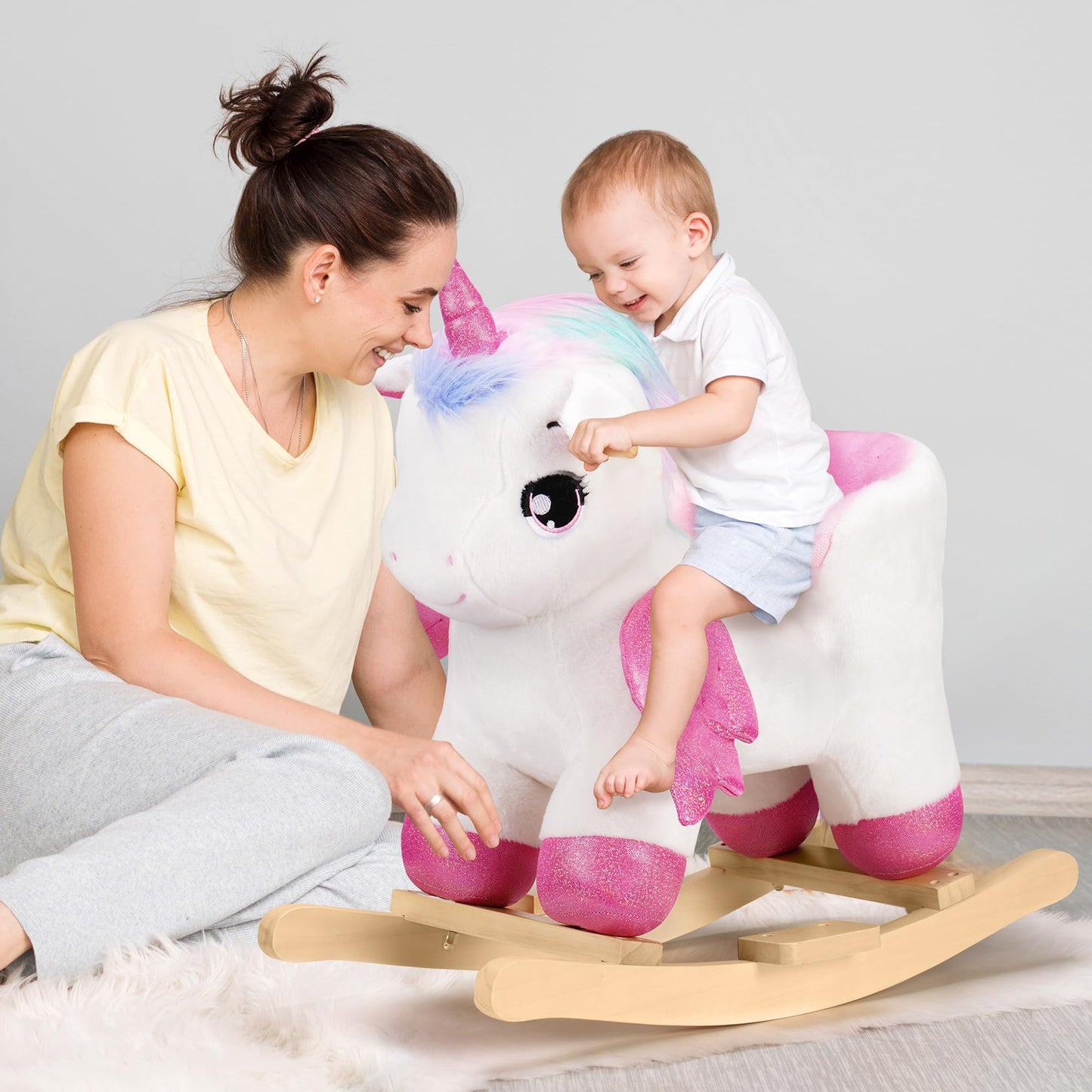 Rengue Unicorn Baby Rocking Horse, Toddler Kids Pink Fairy Unicorn Rocking Horse With Wooden Base Seat Safety Belt For 6 Months