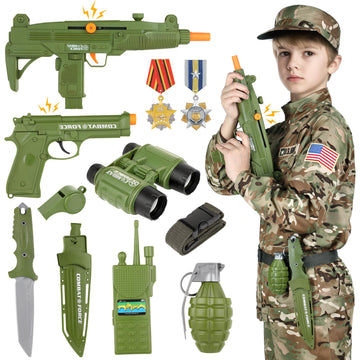 Giftinbox Army Costume For Kids,Soldier Halloween Costumes Boys Kid,13Pcs Military Dress Up Role Play Set With Accessories,Deluxe Birthday Gift Kids Size ,Green Camo,Small (3-4Yrs)