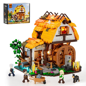 Funwhole Medieval Water-Mill Lighting Building-Bricks Set - Middle Age Milling House Collection Led Light Building Construction