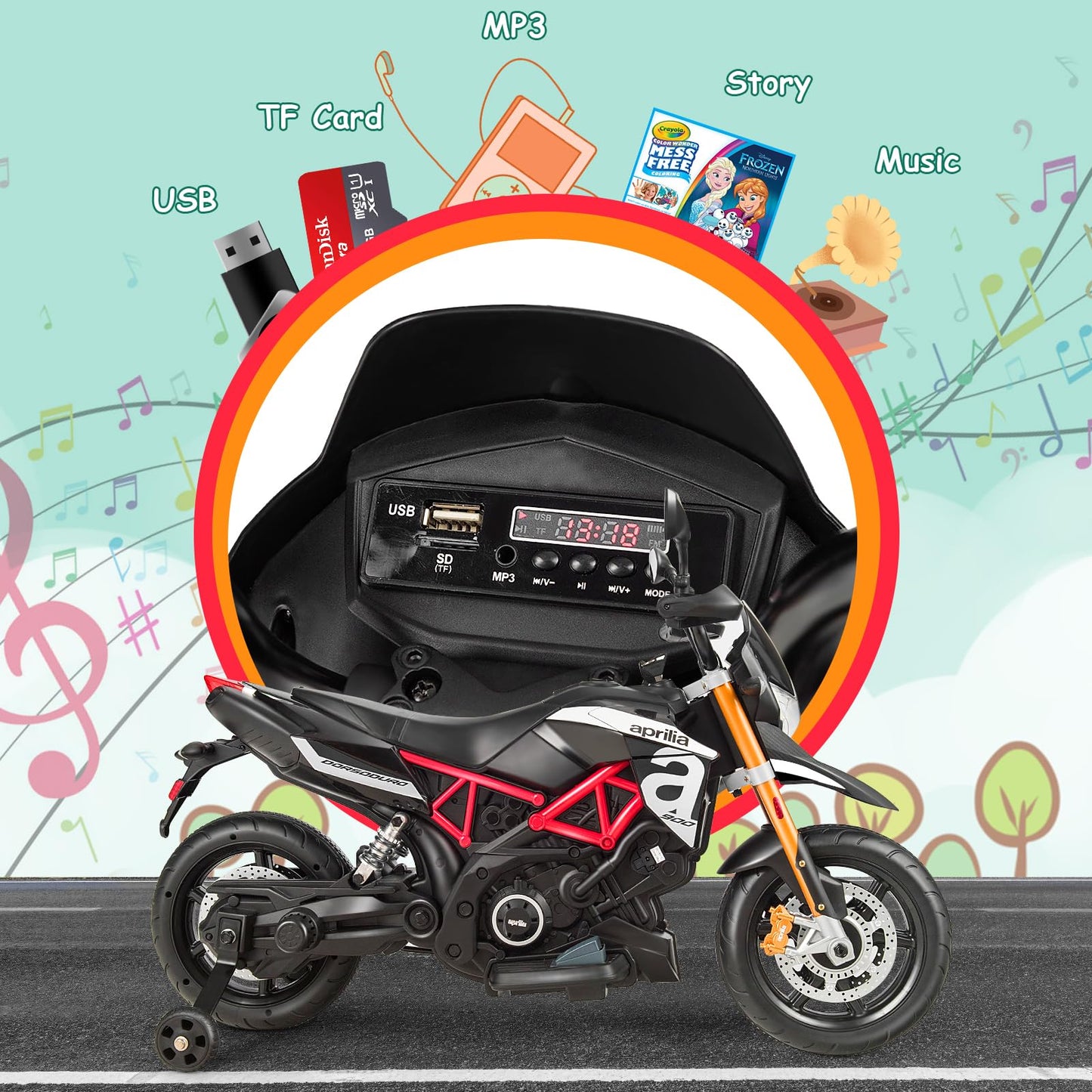 Costzon 12V Kids Motorcycle, Licensed Aprilia Electric Motorcycle Ride On Toy W/Training Wheels, Spring Suspension, Led Lights, Sounds & Music, Mp3, Battery Powered Dirt Bike For Boys & Girls, Red