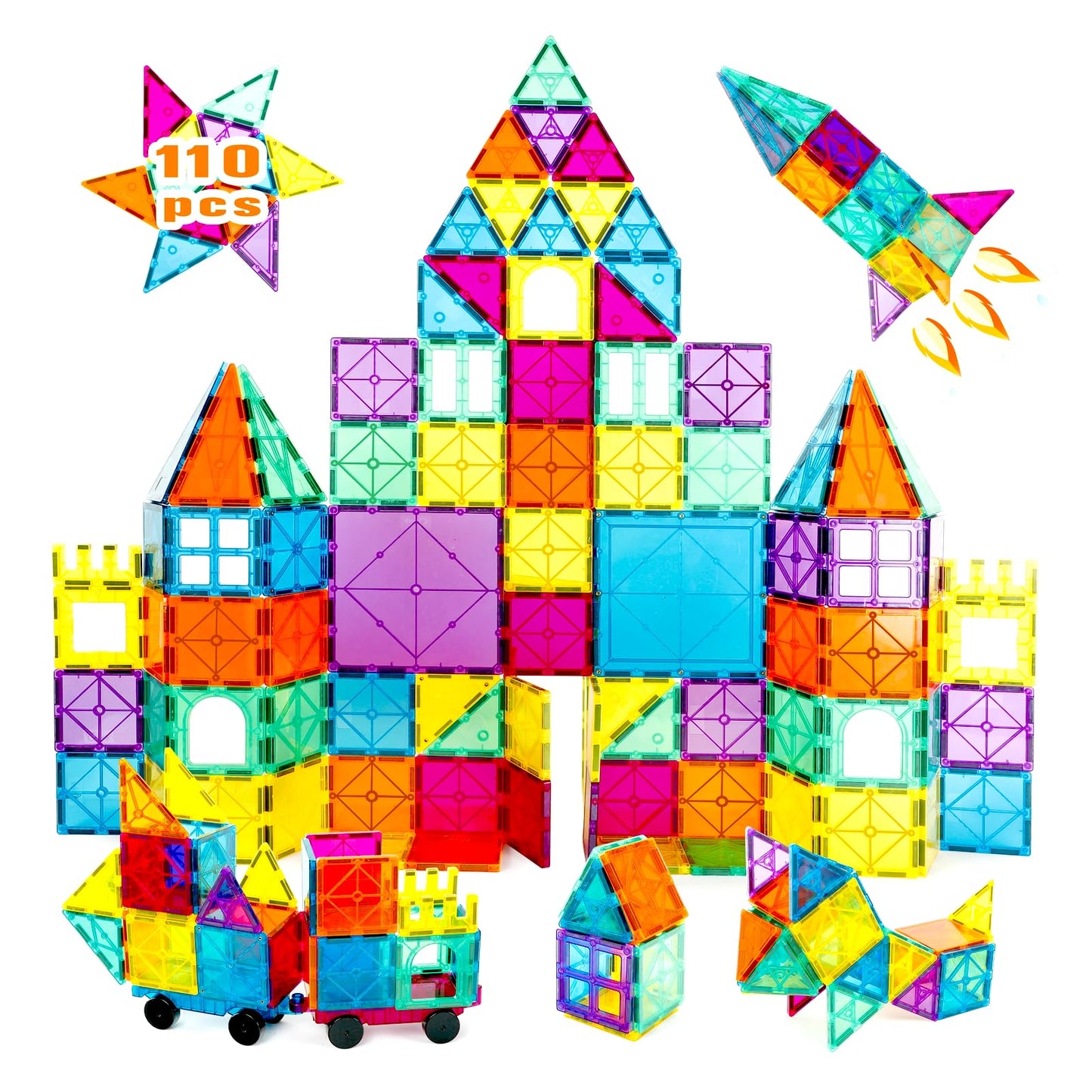 Neoformers 110Pcs Magnetic Tiles With 2 Cars, Stem 3D Building Blocks For Kids Ages 3-8, Montessori Magnet Construction Toys For Preschool Classroom