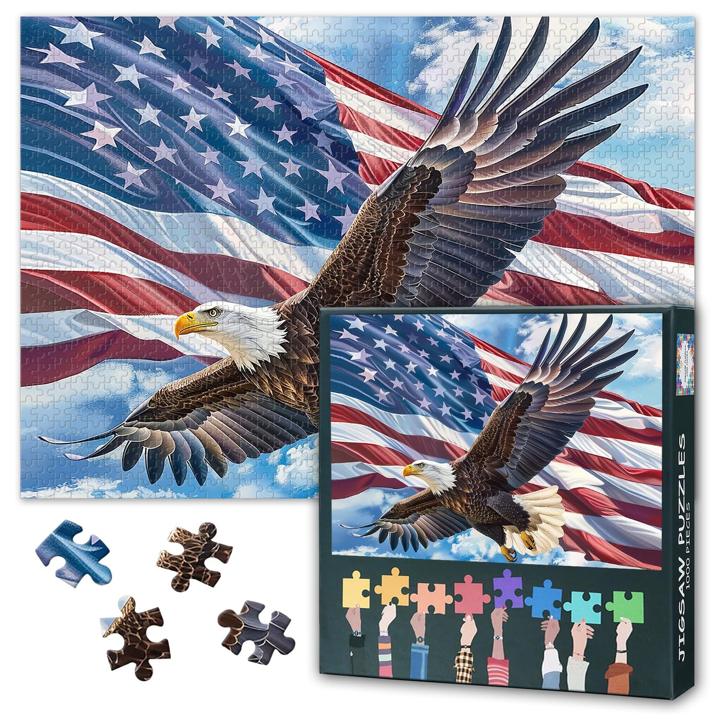 US American Flag Puzzles A Majestic Bald Eagle is Soaring in The Sky Picture Puzzle Power and Freedom Paintings Puzzles Modern mature-themeds Jigsaw Puzzle 1000 Pieces Bald Eagle