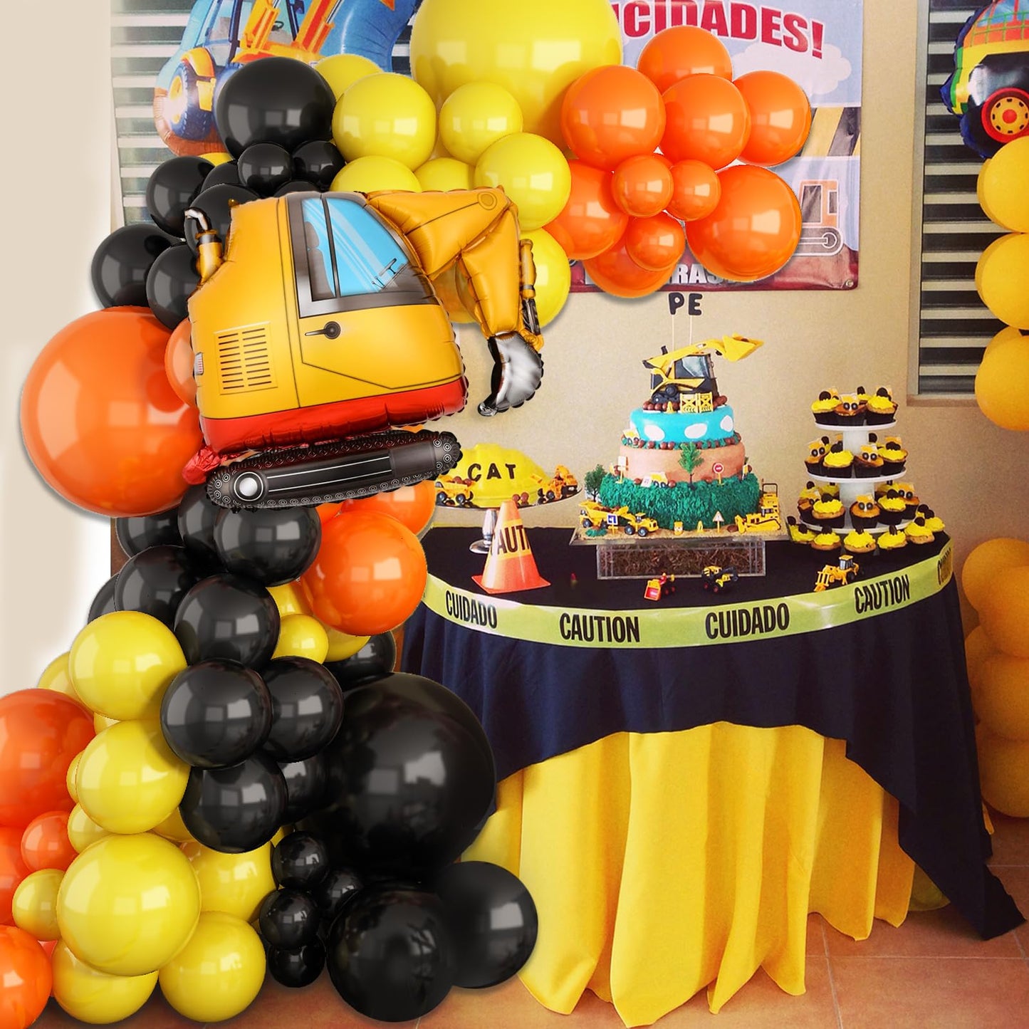 Construction Party Balloon Garland Kit, Construction Birthday Party Supplies Orange Black Yellow Balloon Garland With Truck Foil Balloon For Construction Quarantine Party Decorations
