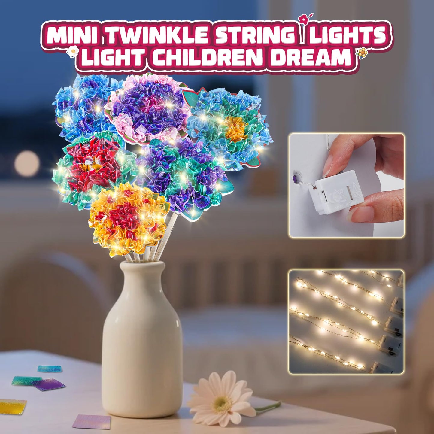 Flower Bouquet Art Craft Kit, Poke DIY Creative Activity Kit with with 6 Flowers & 6 Light Strings, Mess-Free Fun for Girls & Bo