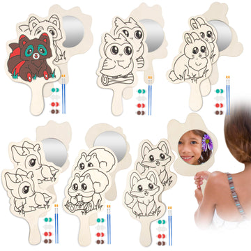 Paint Your Own Mirror Kids Party Craft Kits (12 Forest Friends Wood Mirrors) - Each Kit Has its Own Brush & Paint - Fun, Unique 