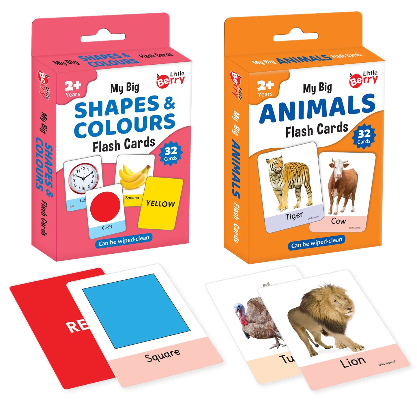 Little Berry Big Flash Cards For Kids: Shapes & Colours And Animals (Set Of 2) | 64 DoubleSided Picture Cards | Early Learning 