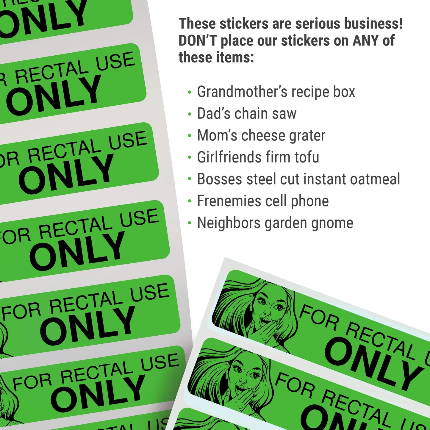 Rectal Use Only Stickers - Funny Gag Gifts For Adults - Pranks For Adults (200/Roll 1.5' X .375') Make Your Friends Laugh - Stupid Funny Prank Stuff And Practical Jokes (Green)