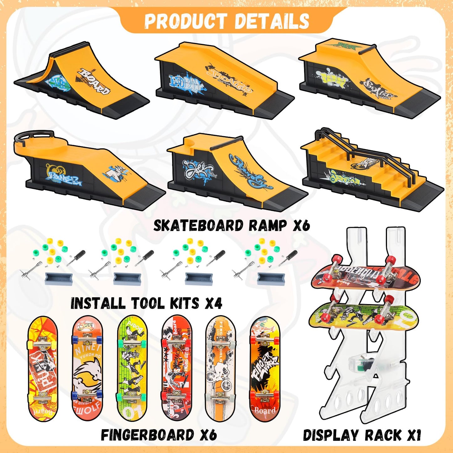Rngodo Finger Skateboard Ramps Set, 6-In-1 Bigger Fingerboard Skatepark Skate Park Kit Training Props With 6 Finger Skateboard 6
