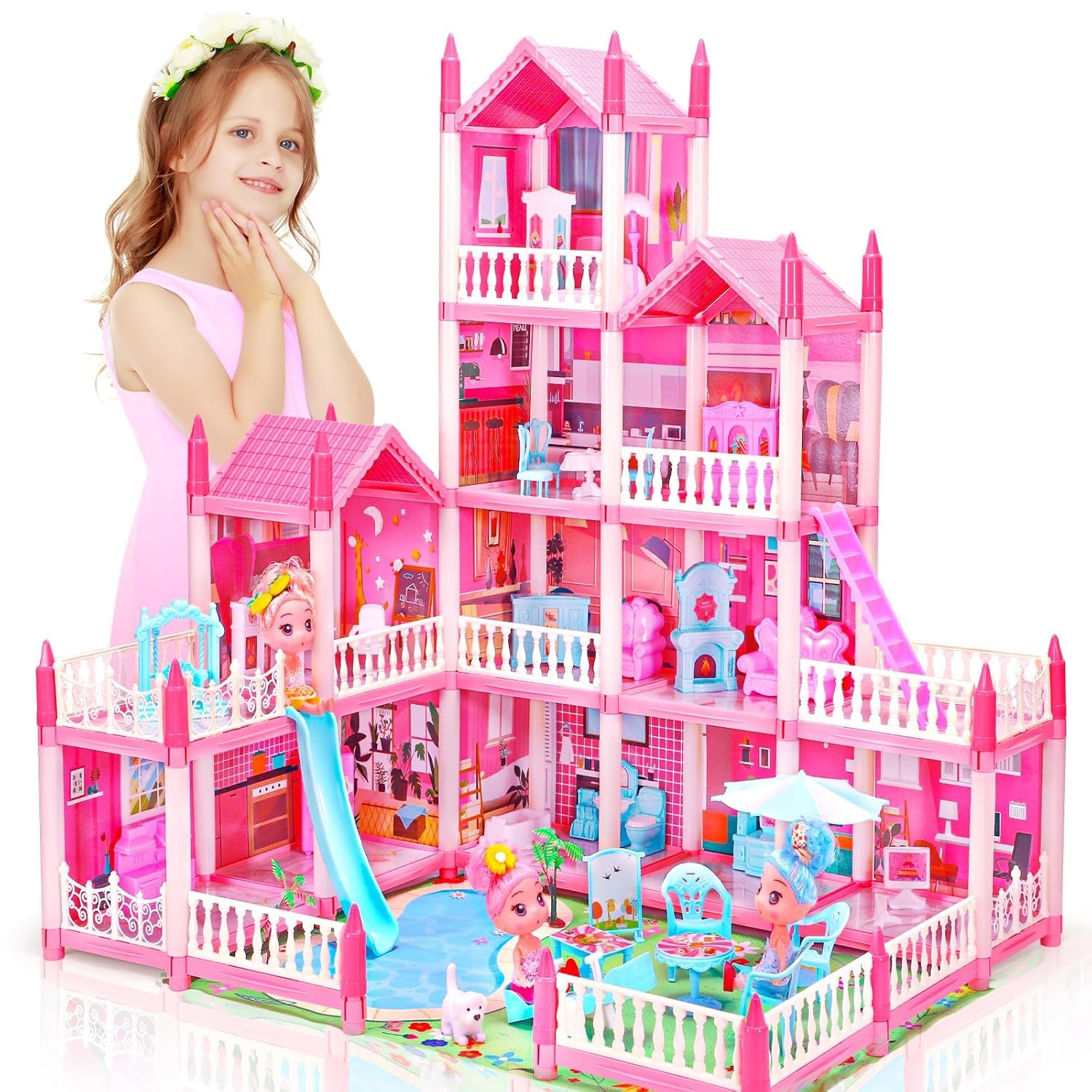 Well Enterprise Dollhouse With 4-Story 11 Rooms, Dream Gift Princess Doll House Playset With Furniture Pool Slide, Pink Toddler 