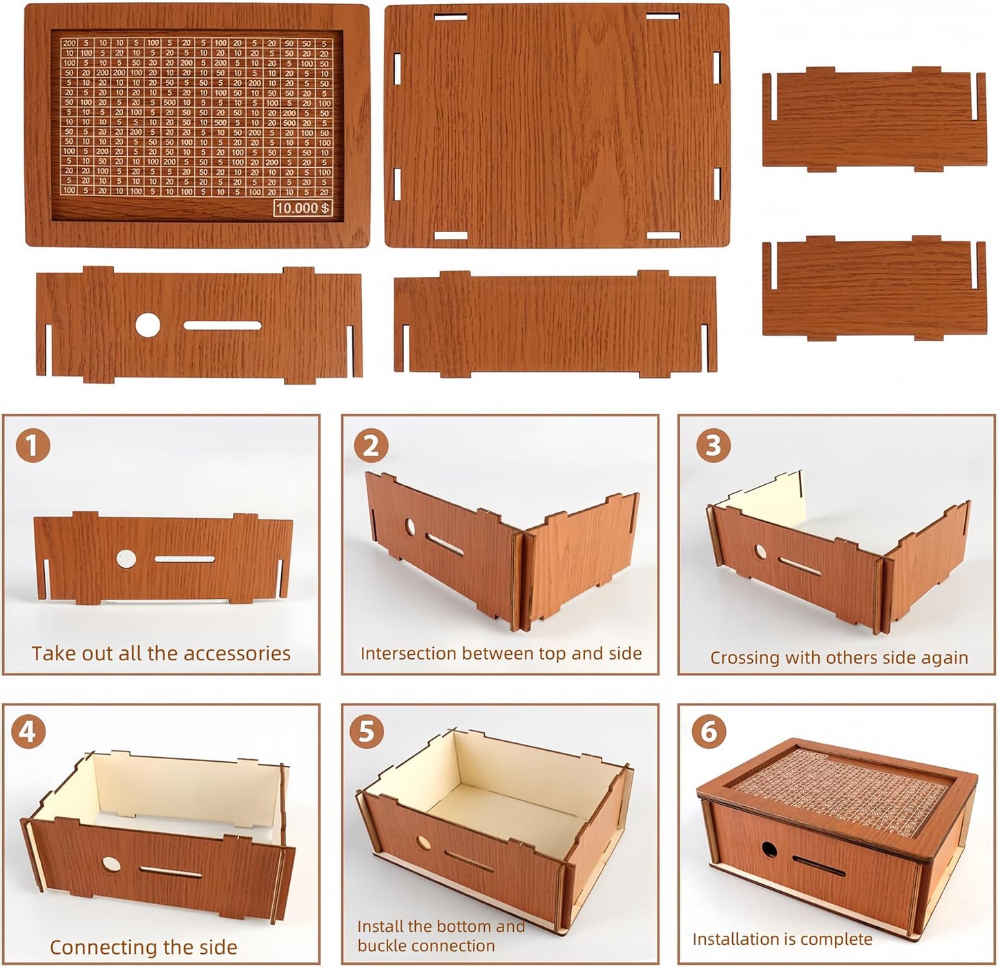 Savings Challenge Box, 10K Wooden Piggy Bank With Counter, Money Saving Box For Kids And Adults, Savings Goal Of $10000, Easy To