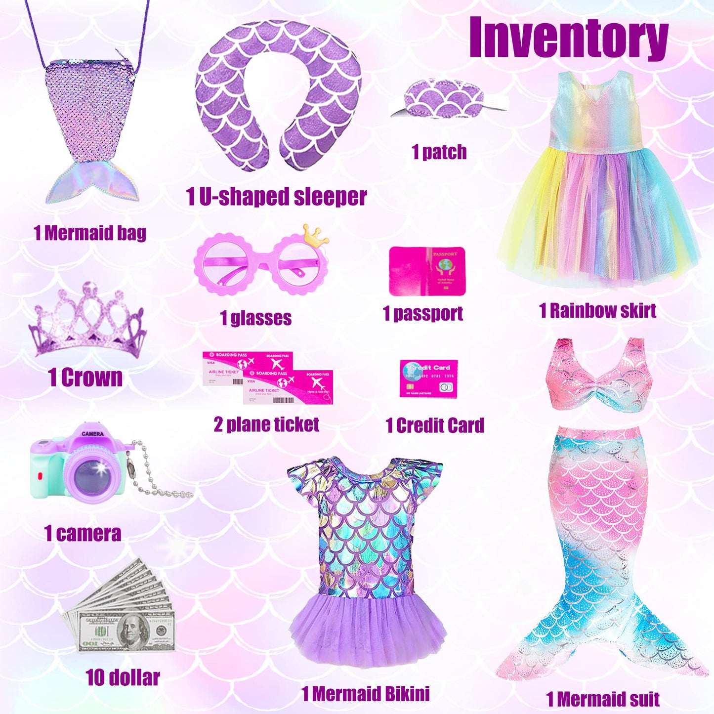 Mermaid 18 Inch Doll Clothes And Doll Accessories Case Luggage Travel Play Set Include Suitcase, Dresses, Bag, Camera, Glasses, Pillow, Eyeshade Etc (No Doll)