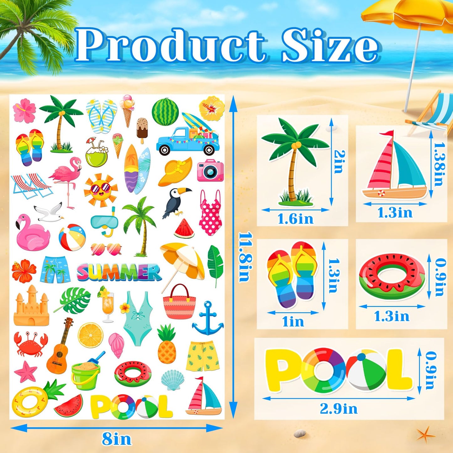 Julbear Summer Foam Stickers,300 Pcs Bulk Self-Adhesive Hawaiian Beach Stickers For Arts Crafts Beach Theme Summer Birthday Part