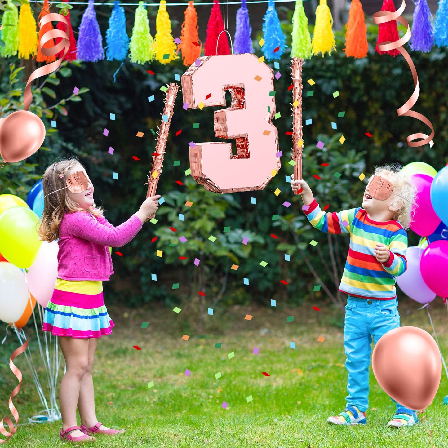 Number Piata Rose Gold Piata with Stick Blindfold Confetti, Princess Piata for Girls Birthday Party Anniversary Celebration Deco