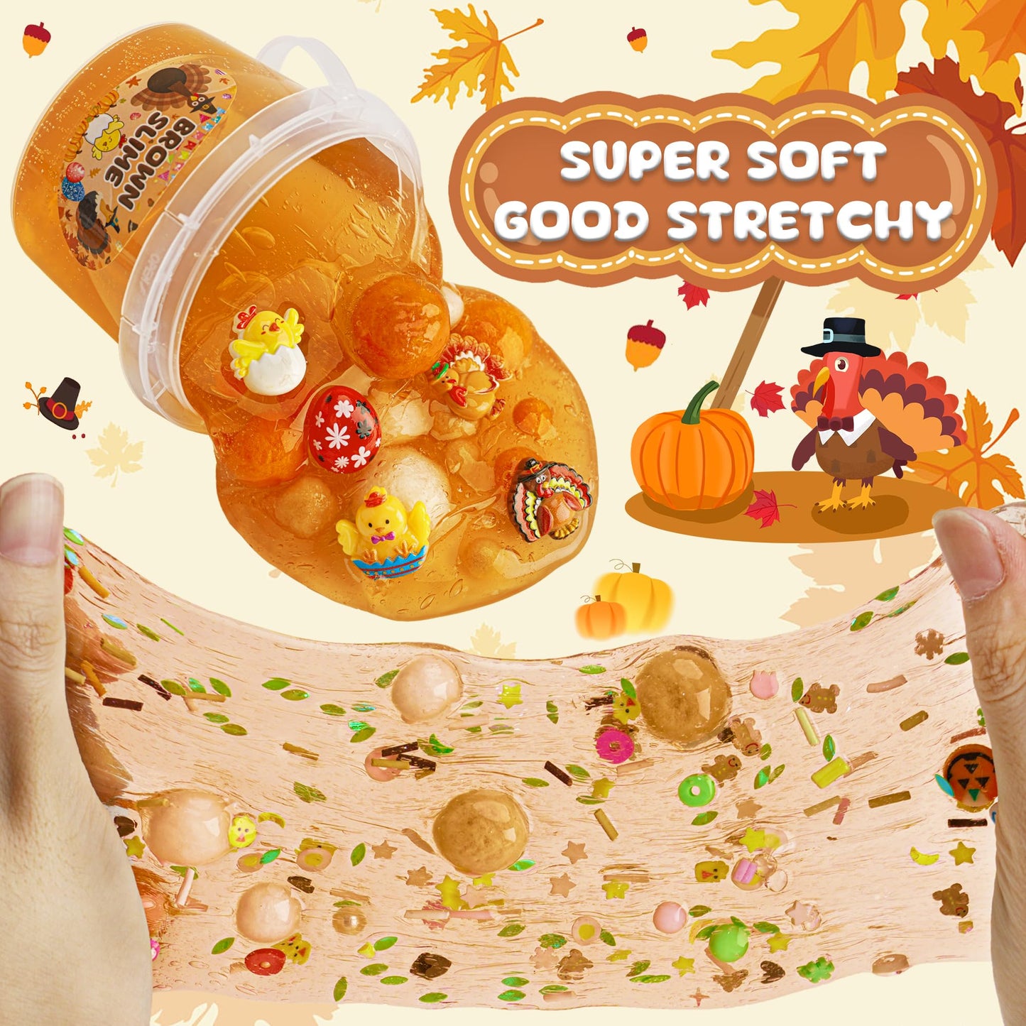 Brown Slime Kit, Clear Slime Bucket With Pumpkin Slime Clay & Turkey Slime Add-Ins, Slime Party Favors For Kids, Sensory Toys Gi