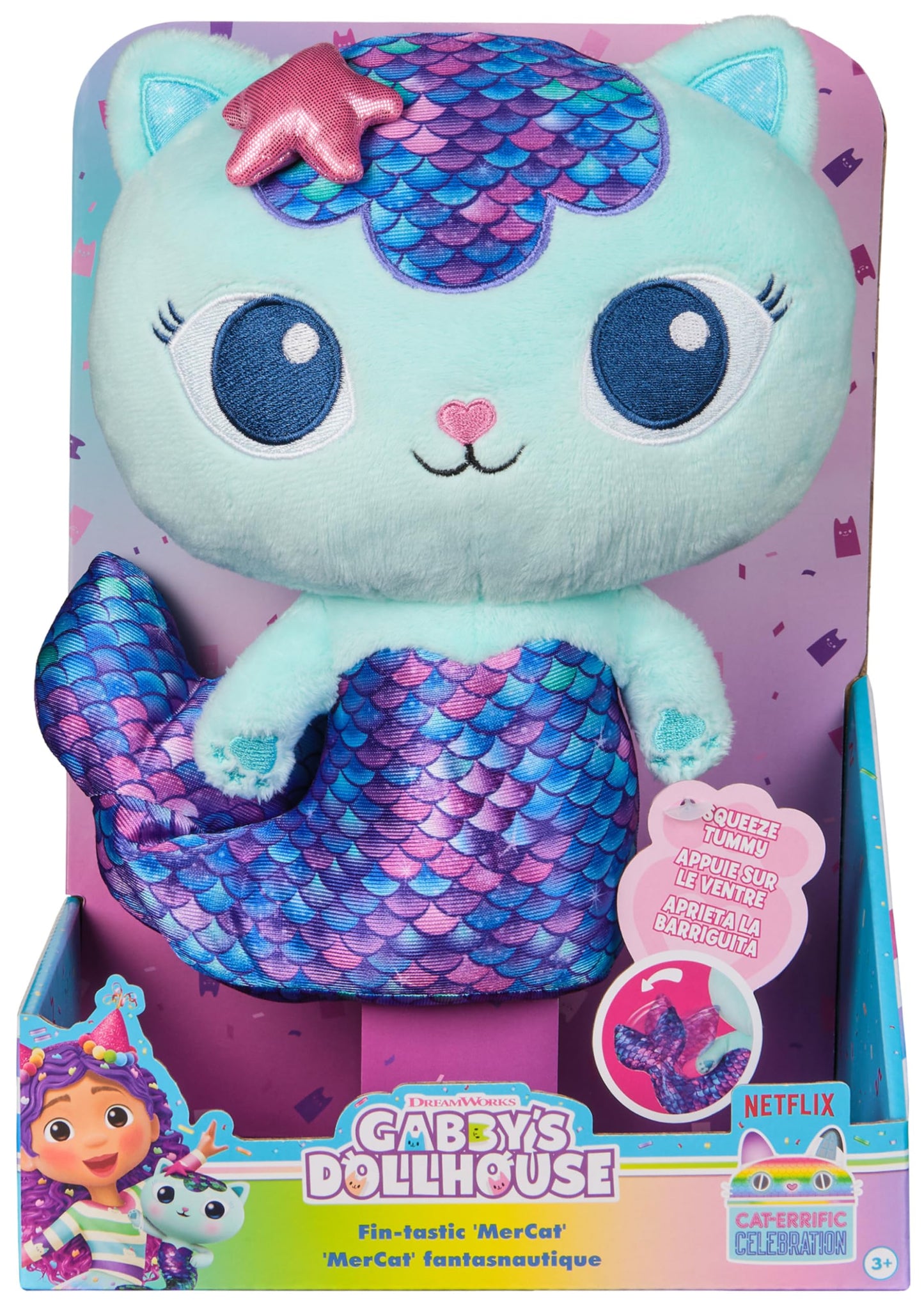Gabby's Dollhouse Fin-Tastic Mercat Plush Toy - 10" Red Stuffed Animal with Moving Mermaid Tail for Kids Ages 3+