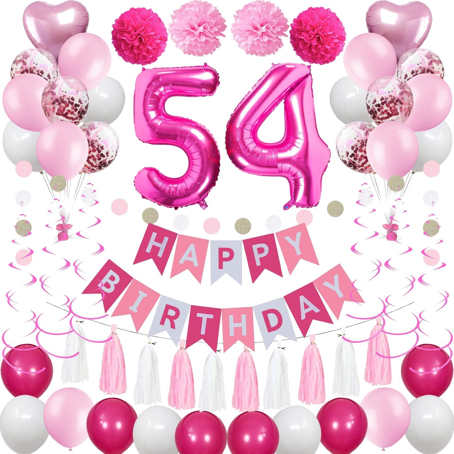 Sweet 54Th Birthday Decorations For Women, Pink And White 54 Happy Birthday Balloons,54Th Birthday Party Supplies Including Pink