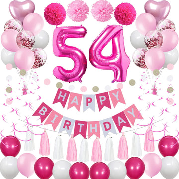 Sweet 54Th Birthday Decorations For Women, Pink And White 54 Happy Birthday Balloons,54Th Birthday Party Supplies Including Pink