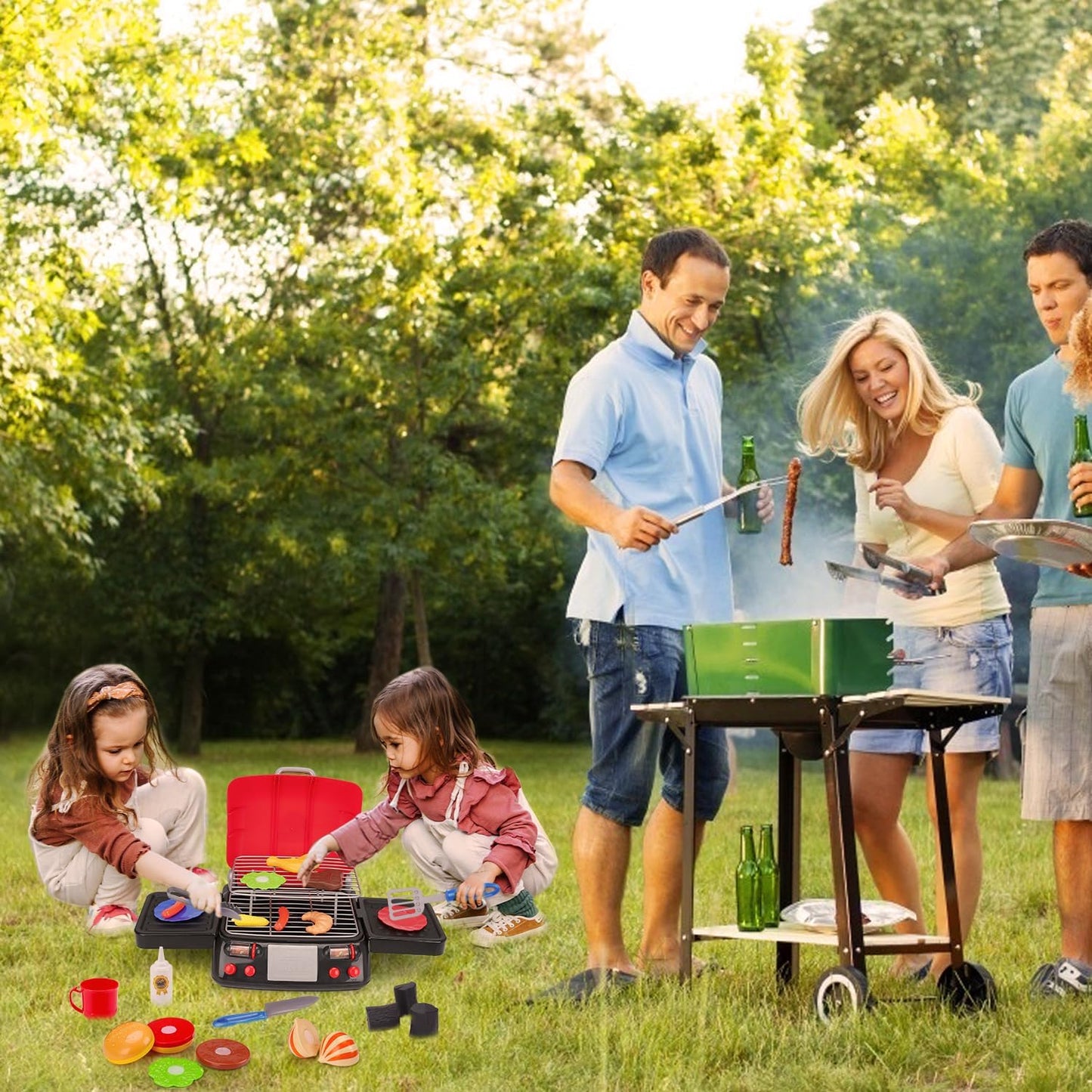 Kids Grill Playset Kitchen Toys With Apron Hat For Cooking Food Smoke Light Outdoor Pretend Play Accessories 3-5 4-8 Bbq Outside