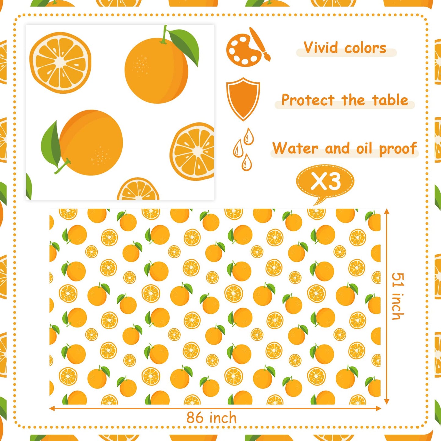 Tudomro 3 Pcs Little Cutie Party Tablecover, Fruit Orange Tablecloth for Cutie is on The Way Birthday Party, Baby Shower, Summer