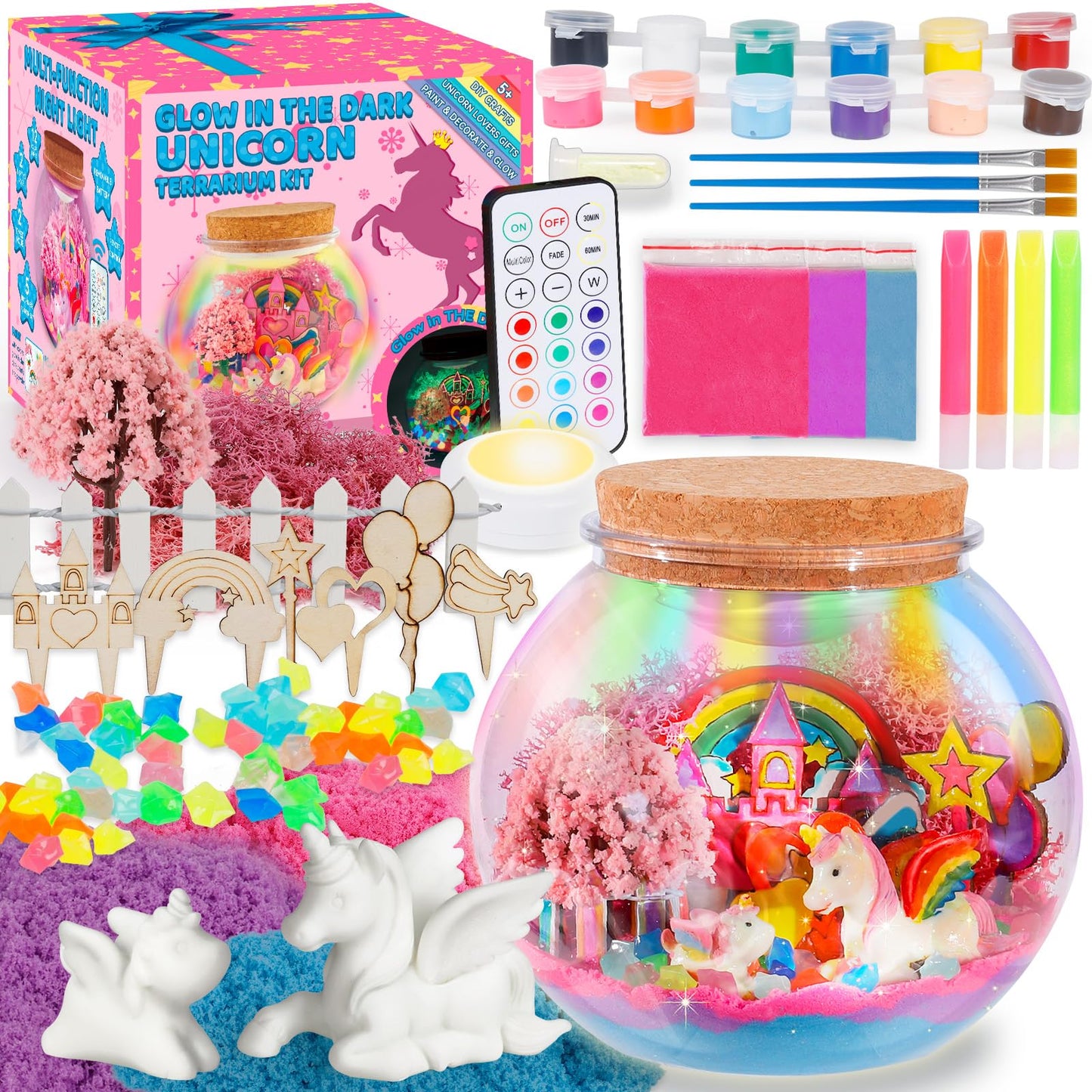 Unicorn Terrarium Kit For Kids - Arts & Crafts Activities Sets With Glow In The Dark Painting - Diy Unicorn Toys Birthday Gifts