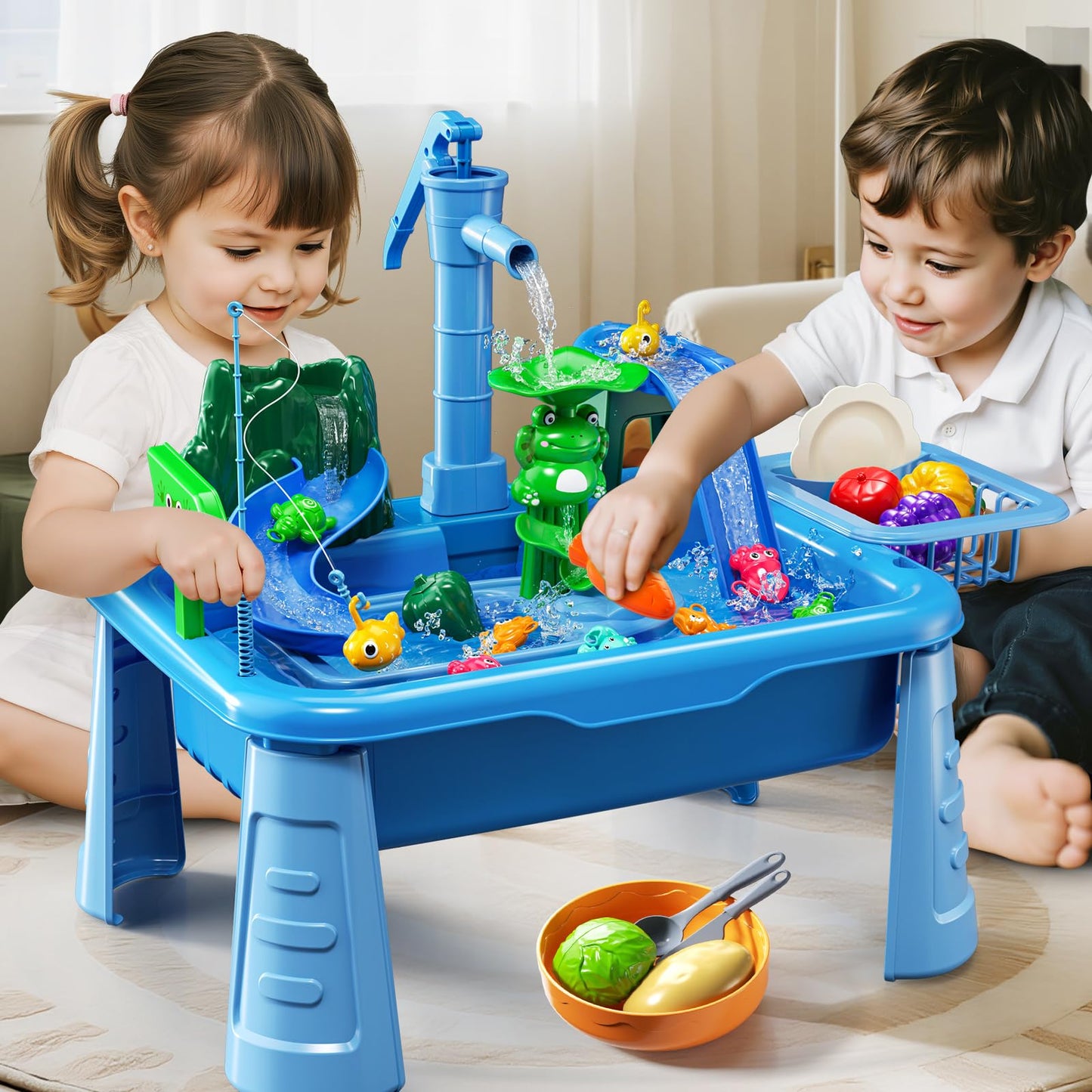 KIZONLY Water Table for Toddlers - Outdoor Play Sink with Pump, Fishing Games - 19.6x12.2x15.7 inches, Plastic, Ages 2-8
