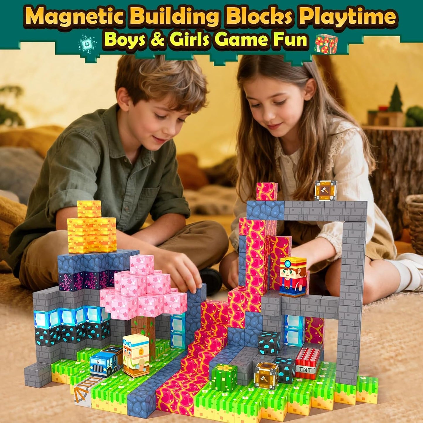 Soyee Magnetic Blocks 150 PCS Building Toys for Ages 4-8 9-12 3-5 Forest & Mine Theme Magnet Building Cubes STEM Sensory Toys fo