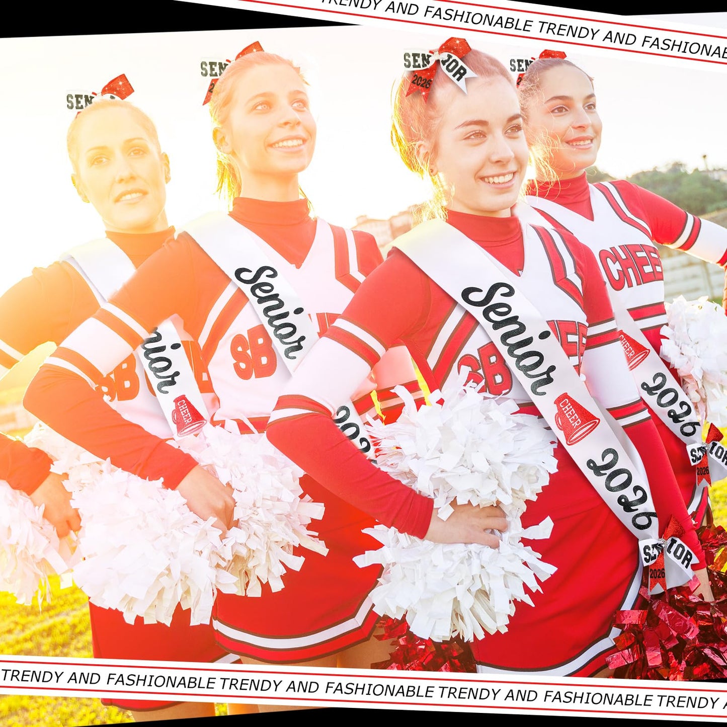Vinsatin 6 Set Senior Sash - Glitter Cheer Hair Bow, Red White, 66.93 x 3.74 inches, Perfect for Senior Night Decor and Cheerleader Gifts