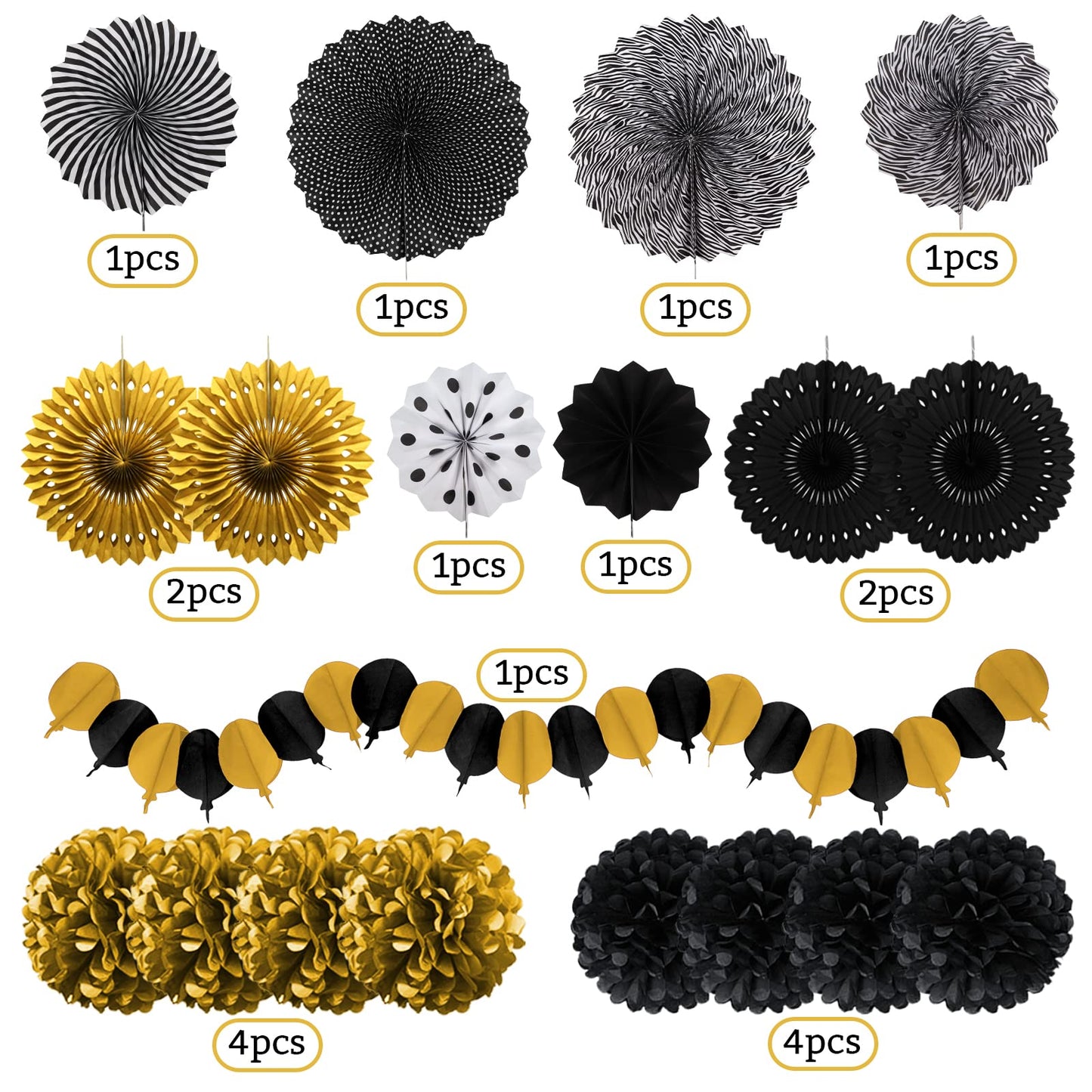 Recosis Black And Gold Decorations, Paper Pompoms Fan For Graduation Birthday Wedding Prom Night New Years Black And Gold Party