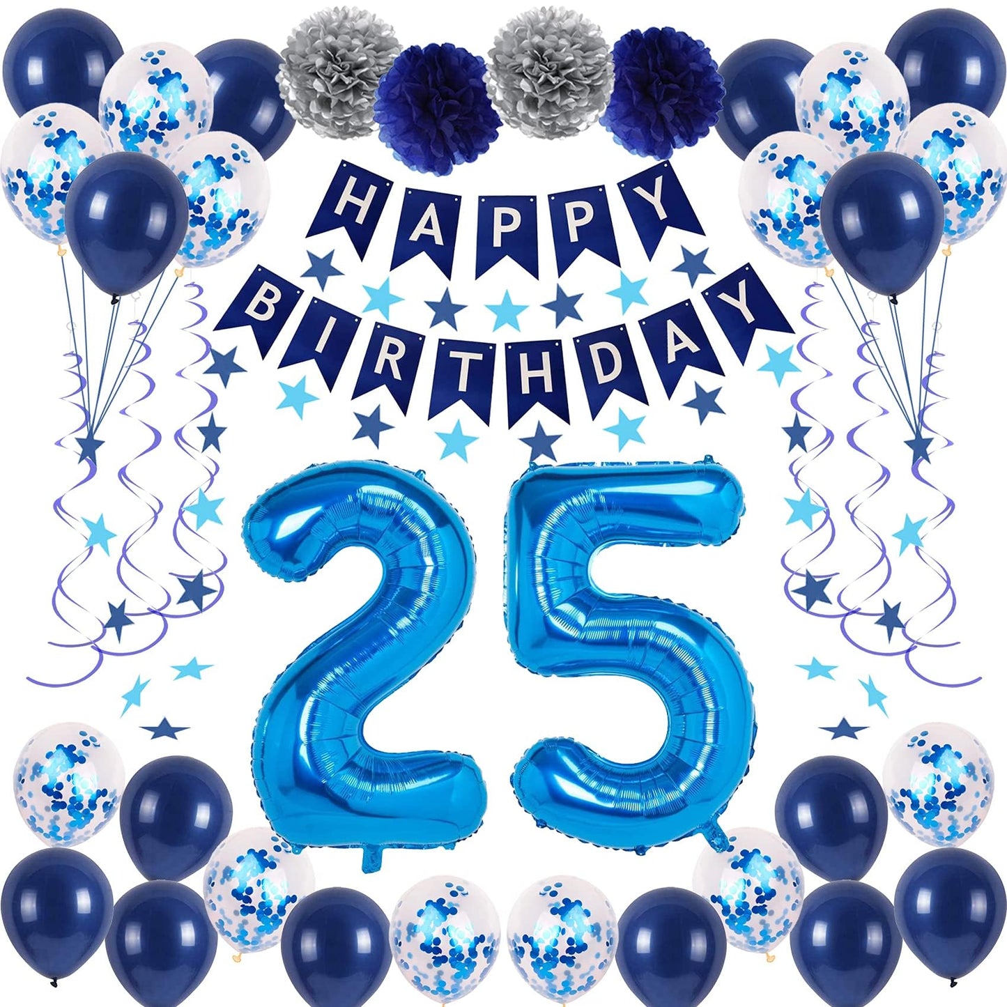 Naninuneno 25Th Blue Birthday Party Decorations For Boy Girl Men Women, Happy 25 Birthday Balloons Supplies With Happy Birthday