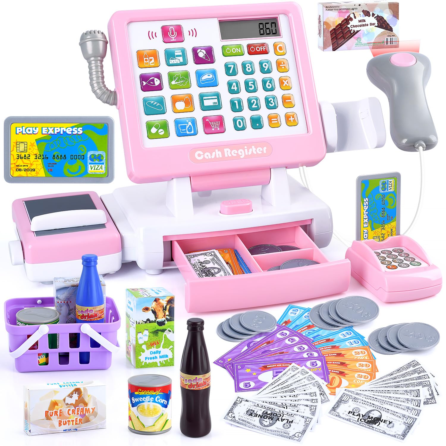 PLAY Kids Cash Register Toy - Pretend Play Calculator with Microphone, Conveyors, Play Money, Scanner, Credit Card, Cans, Drink 