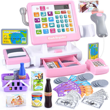 PLAY Kids Cash Register Toy - Pretend Play Calculator with Microphone, Conveyors, Play Money, Scanner, Credit Card, Cans, Drink 