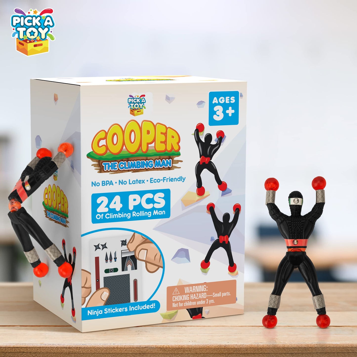 PICK A TOY 24 Sticky Wall Climbing Black Ninjas – Plastic DIY Costume Stickers for Kids' Parties, Easter, Birthdays