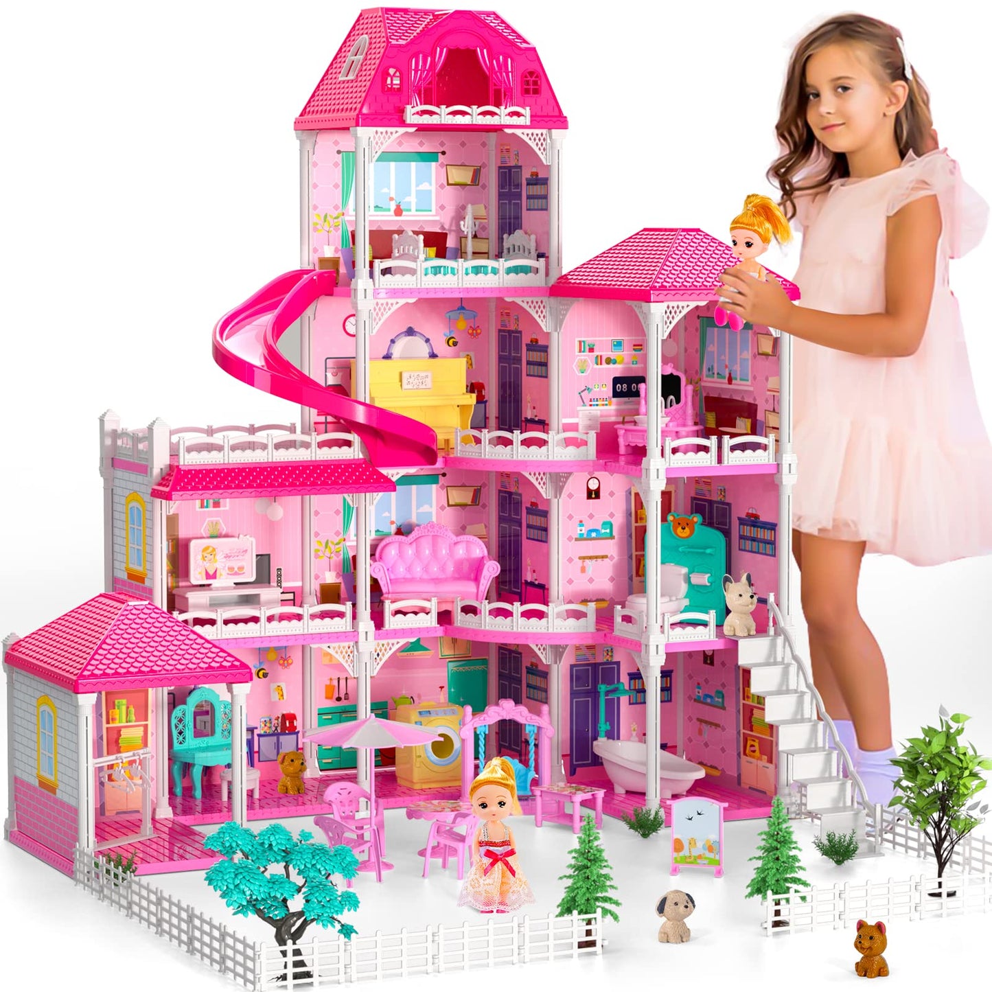 Dollhouses, Housetoys Furniture Pink Girl Toys, 4 Stories 10 Rooms Dreamhome With 2 Princesses Slide Accessories, Toddler Playhouse Gift For For 3 4 5 6 7 8 9 10 Year Old Girls Toys
