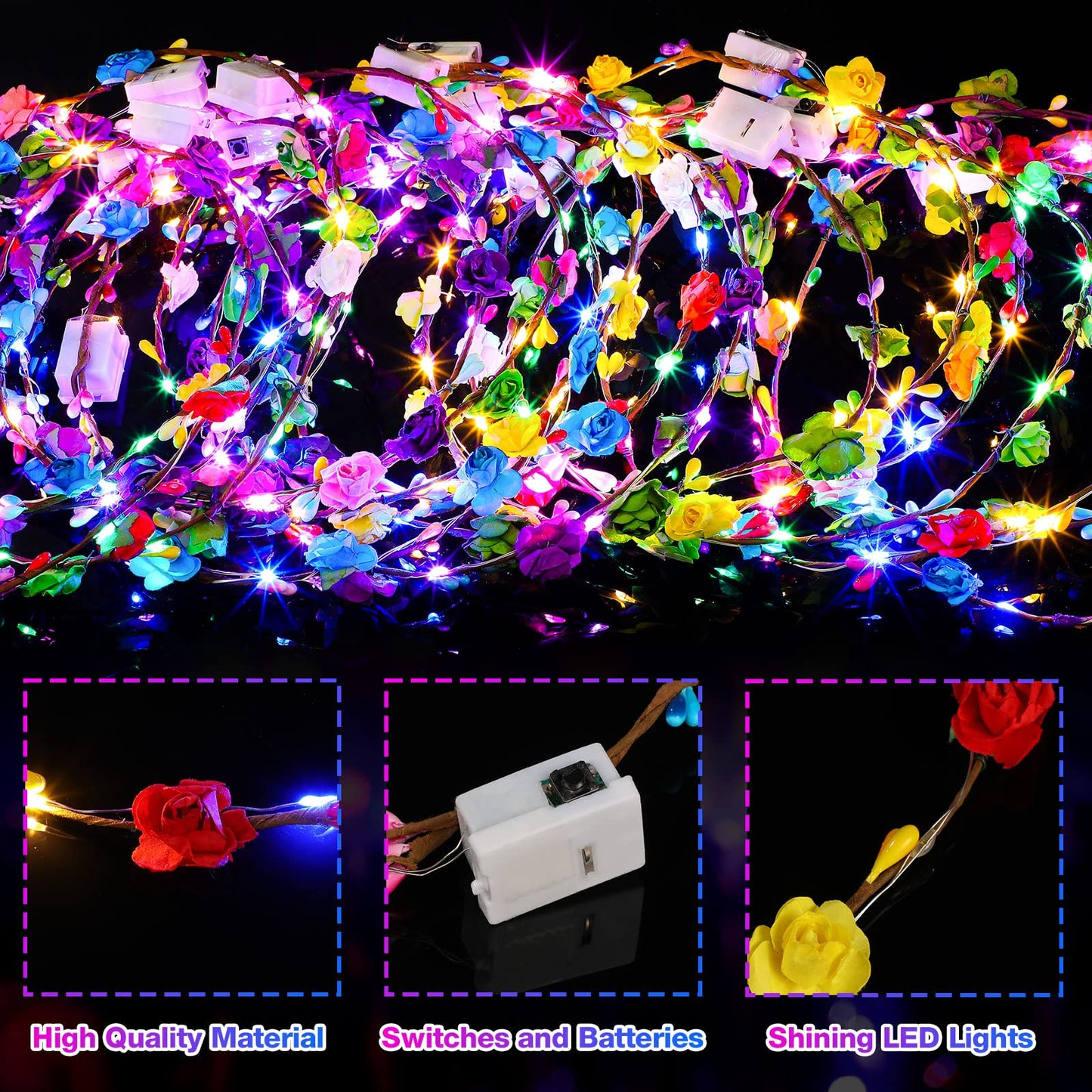 Waydress 40 Pieces LED Flower Crown Light up Headband LED Hair Garlands Glow in The Dark Flower Crown Wreath for Women Brides We
