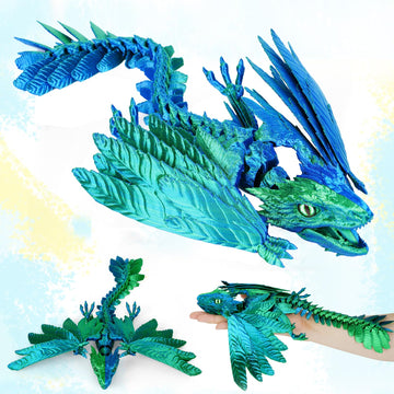 Shuwnd 3D Printed Dragon With Wings, Feathered Wyvern Dragon,Full Articulated Crystal Flying Dragon,Realistic Large Pet Dragon, Flexible Shoulder Dragon Stuff 3D Printed Animals Toy (Blue Green)