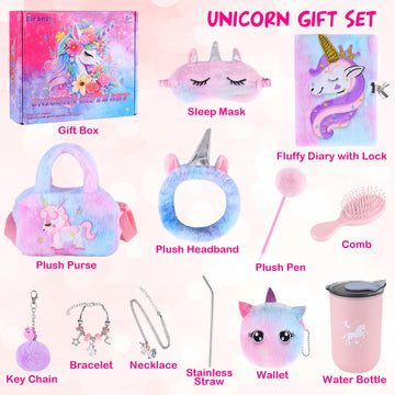 Unicorns Gifts For Girls 4 5 6 7 8 9 10+ Years Old With Unicorns Handbag Purse/Diary With Lock/Headband/Eye Mask/Water Bottle, K