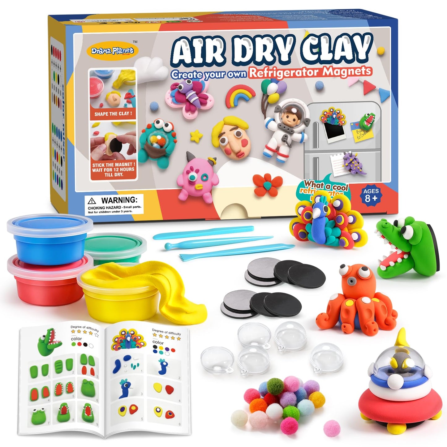 Drama Planet Air Dry Clay Kit for Kids, Create Your Own Refrigerator Magnets with Modeling Clay, Art Activity Set, Craft Project