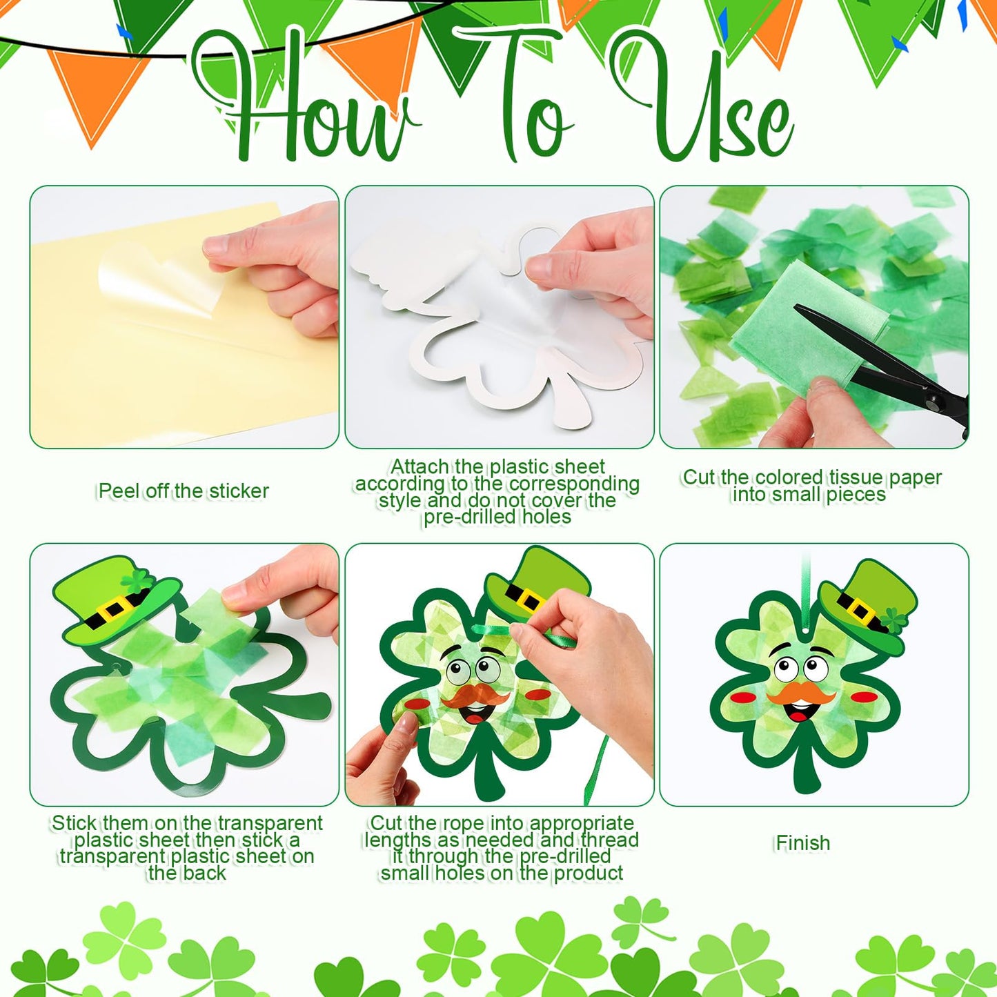 Tinlade 24 Pcs St Patricks Day Crafts Kit Lucky Shamrock Suncatcher Craft Irish Day Window DIY Tissue Paper Suncatcher Decoratio