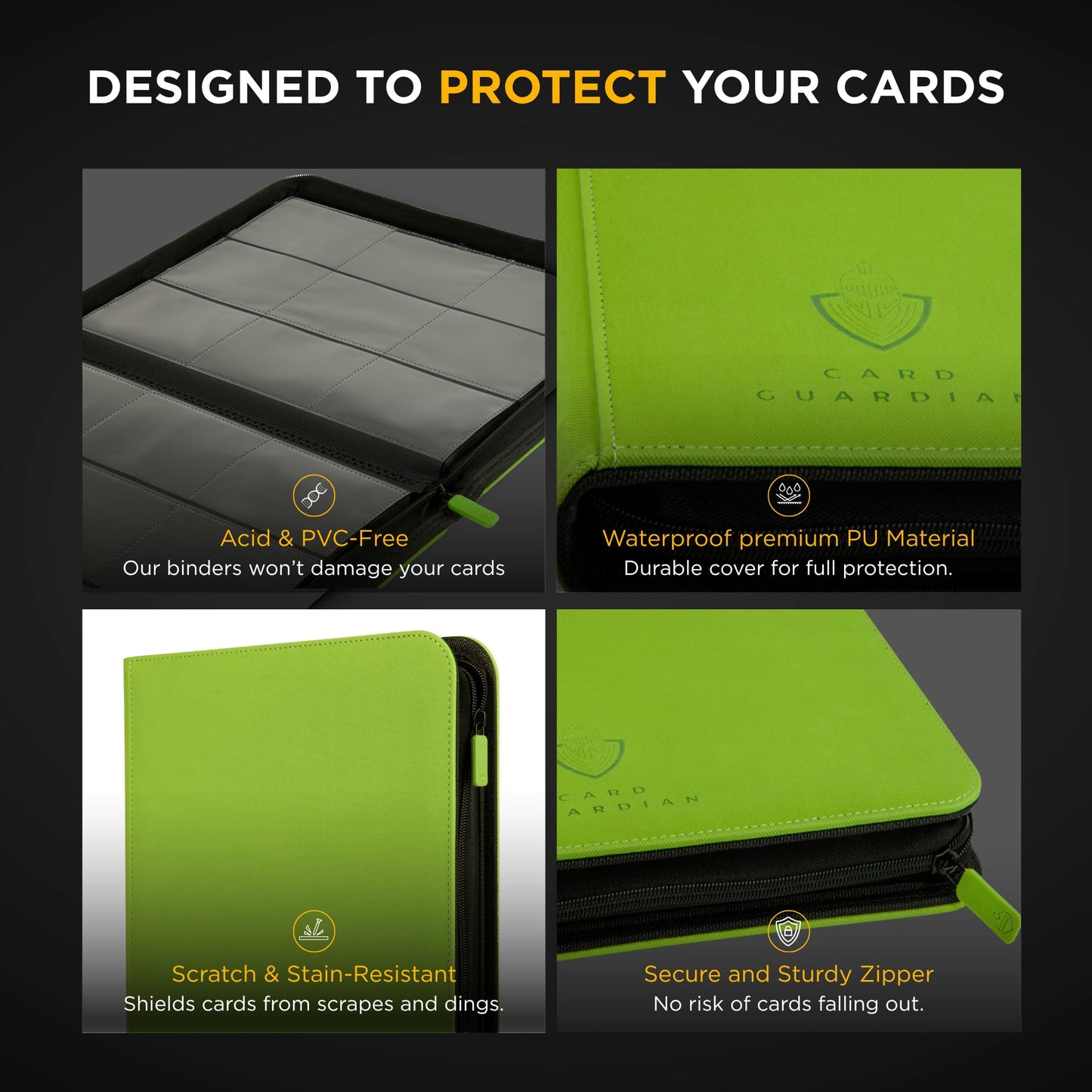 Card Guardian - 9 Pocket enhanced Binder with Zipper for 360 Cards Trading Card Games TCG (Lime Green) - Side Loaded Pockets - Compatible with Yugioh Cards MTG Binder Sports Card Binder