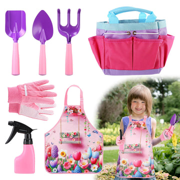 Kids Gardening Tool Set - Garden Tools for Kids with Shovel Trowel Rake Apron Gloves Watering Can and Tote Bag, Outdoor Toys Gre