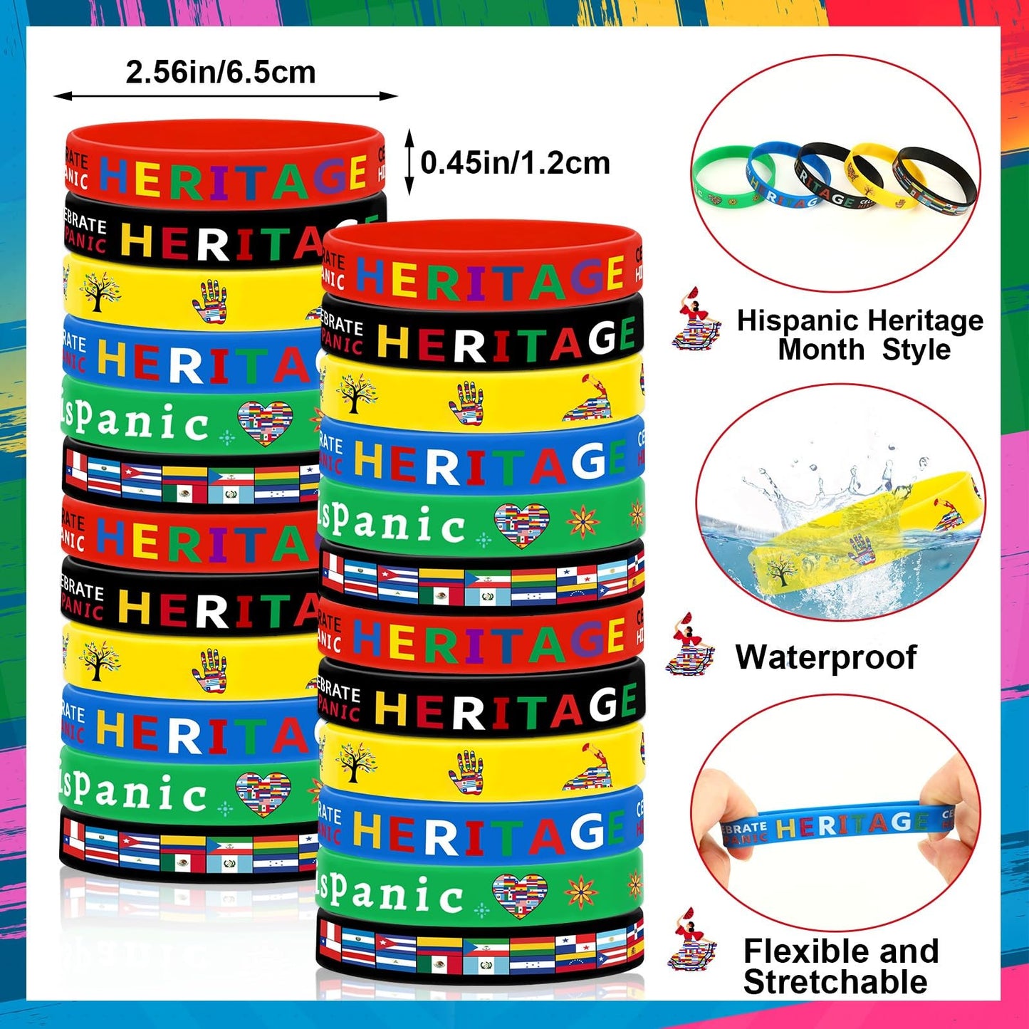 Junebrushs 50Pcs Hispanic Heritage Month Party Favors, Slap Bracelets And Silicone Wristbands Bracelets In Bulk For Kids Hispani