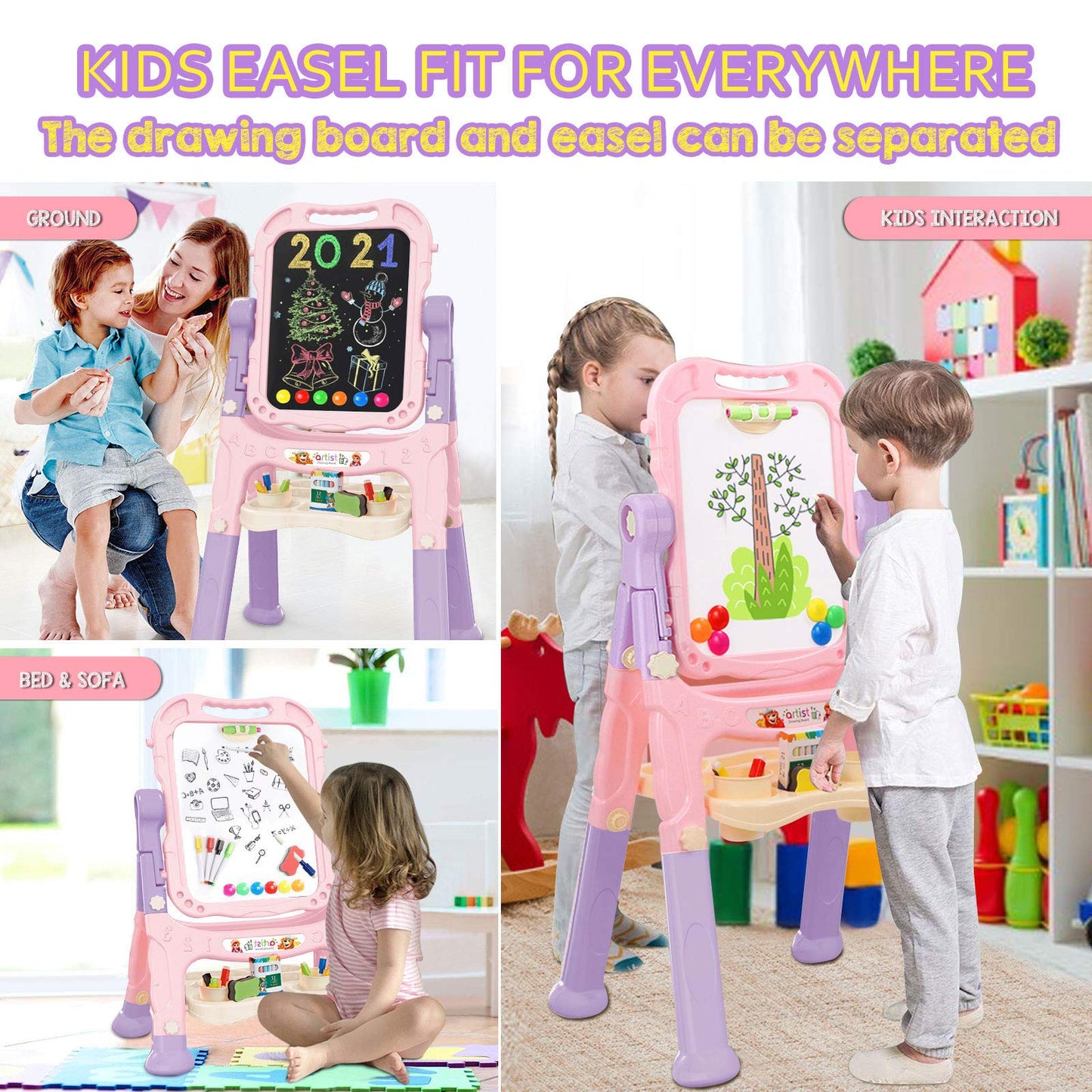 Mojitodon Kids Art Easel - Adjustable Double Sided with Accessories, Pink Model