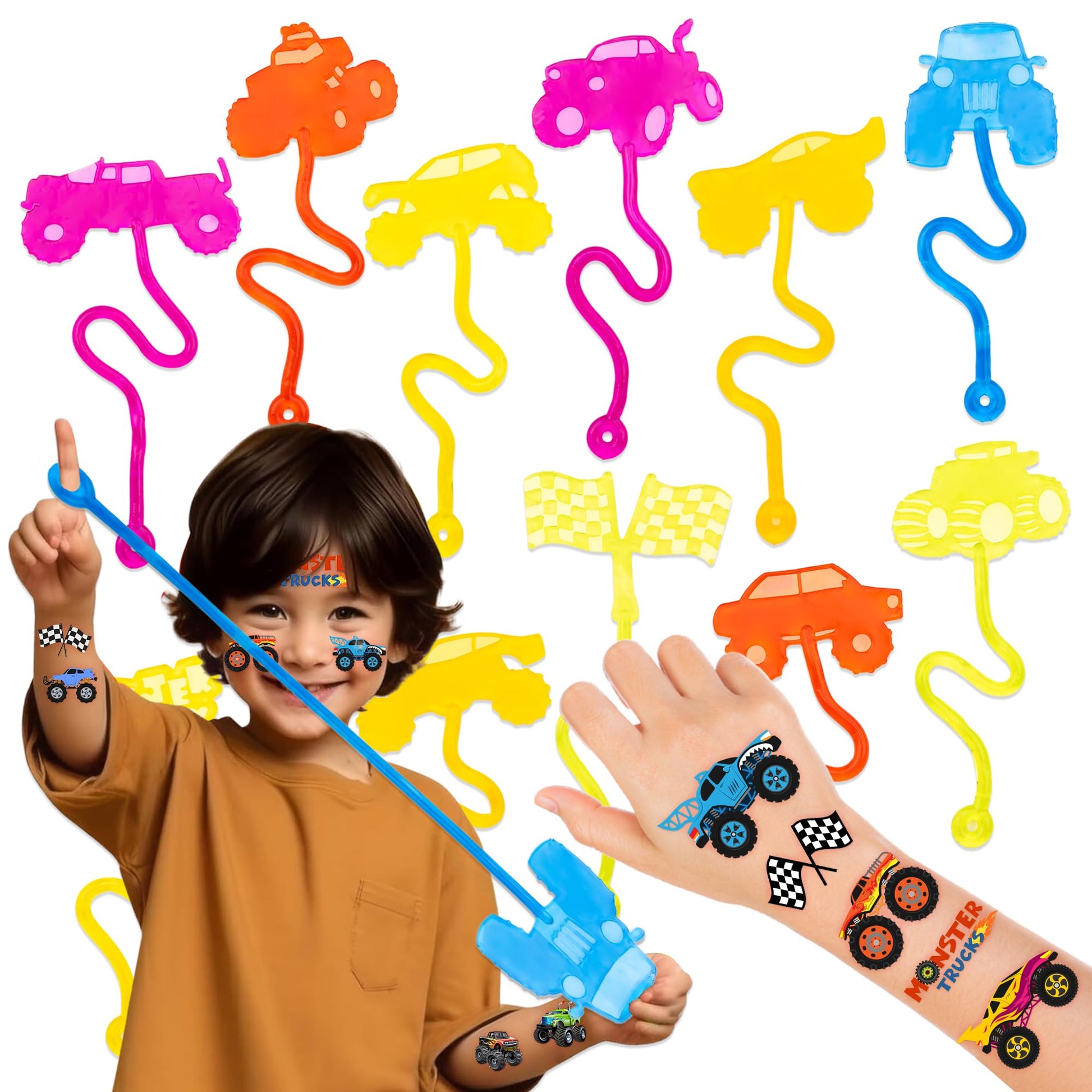 36PCS Monster Truck Party Favors - 24PCS Temporary Tattoos 12PCS Sticky Hands Perfect Birthday Supplies for Kids Stretchy Fidget