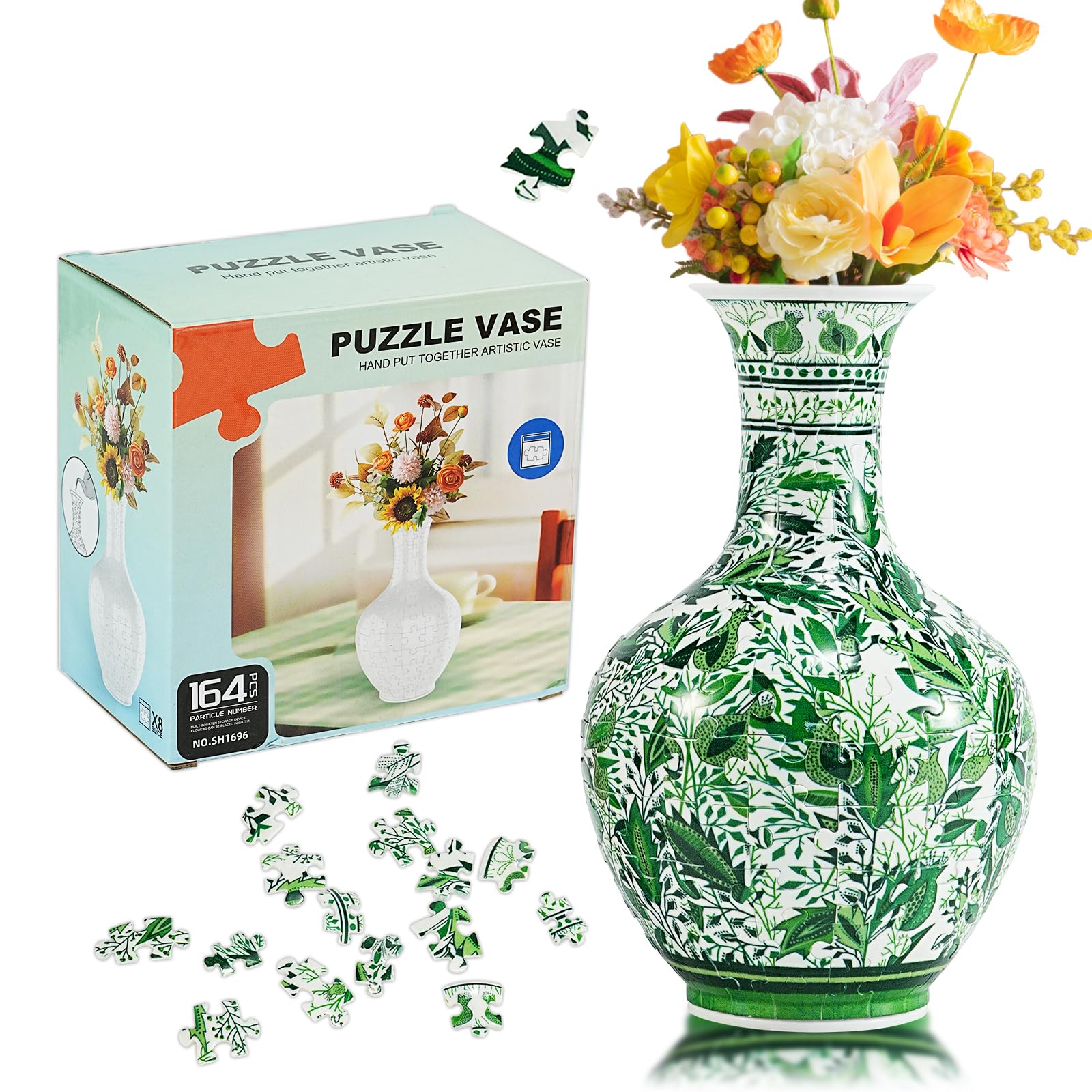 164 Pcs Vase Puzzle  mature-themed 3D Plastic Jigsaw Vase Puzzle  Gift for mature-themeds  for Home Decoration and Flower Arrangement (Green Leaf)